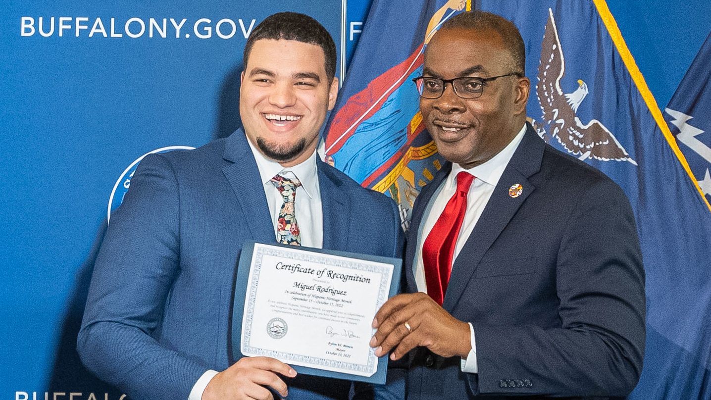 Miguel Rodriguez bein recognized by Buffalo's mayor Byron Brown during Hispanic Heritage Month.