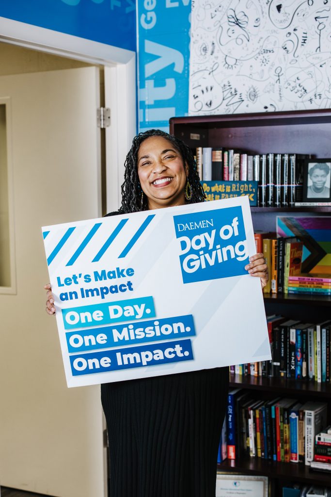 Tiffany Hamilton smiles during her interview for Daemen Day of Giving