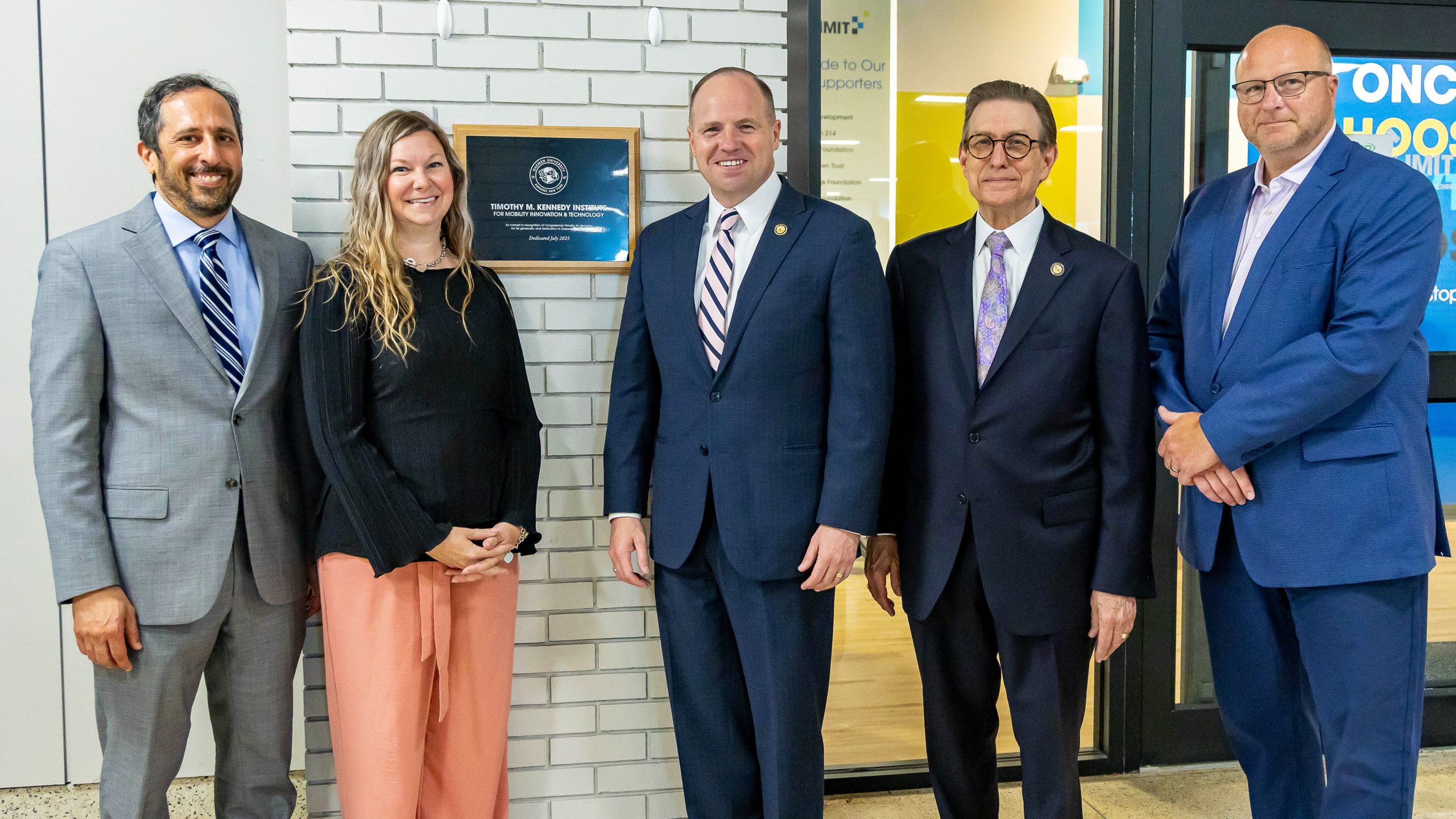 Dr. Matthew Giordano, Villa Maria College president; Dr. Katie (Duerk) Kennedy ’03, ’04; Congressman Tim Kennedy; President Olson; and Jeff Woodrich, Buffalo Rehab Group chief executive officer